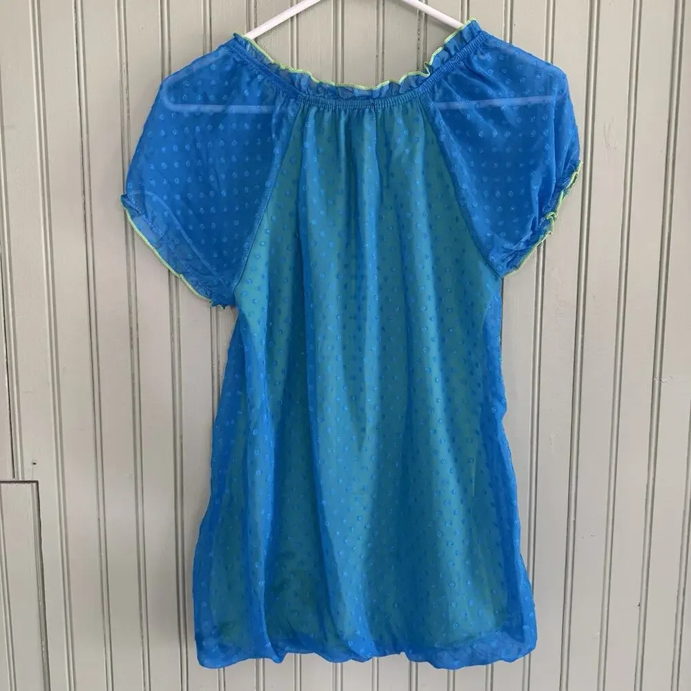 Vtg Y2k Bubble Babydoll Dress Girls Large Fairy Ditsy Floral Kidcore Blue Neon